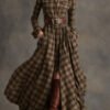 Retro Ethnic Style Lapel Reddish Plaid Maxi Dress